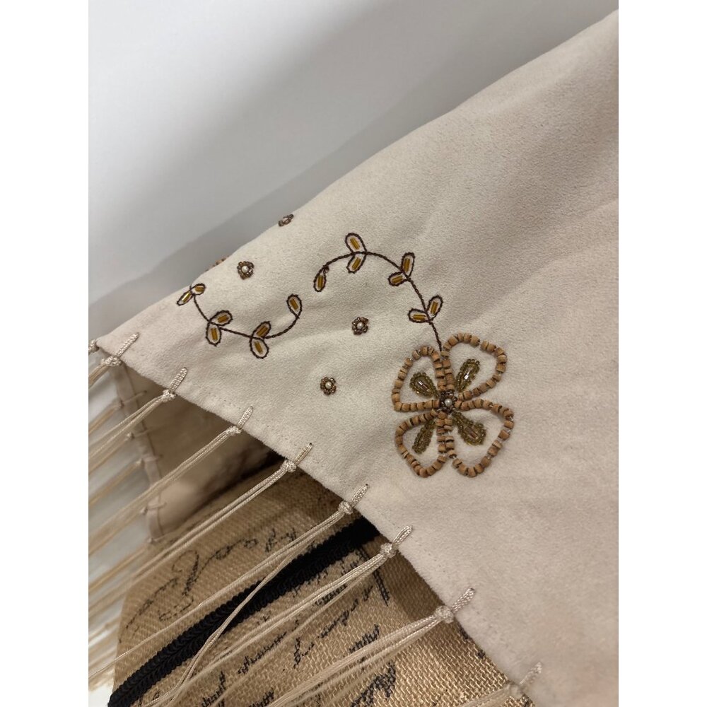 Vintage Beige Silky Feel Shawl With Floral Beaded Embroidery & Fringe Detailing - Picture 4 of 7